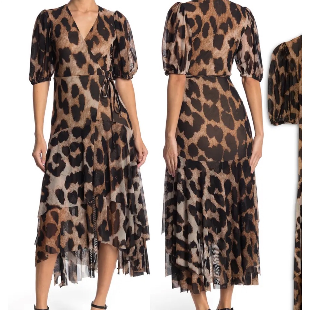 Ganni leopard print mesh midi wrap dress